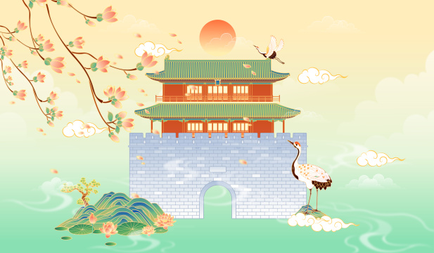 河北石家庄正定古城南城门建筑矢量插画