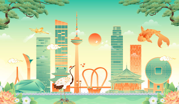 国风沈阳地标建筑矢量插画