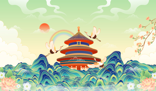 国风北京城市天坛古建筑矢量插画