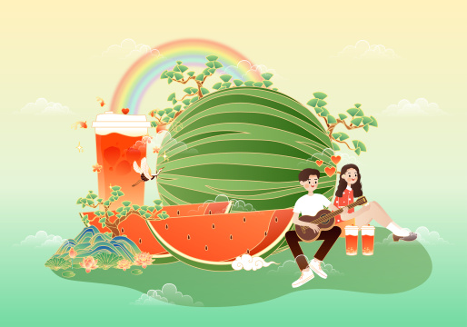 西瓜夏天清新国风矢量插画