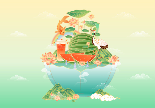 西瓜夏天清新国风矢量插画