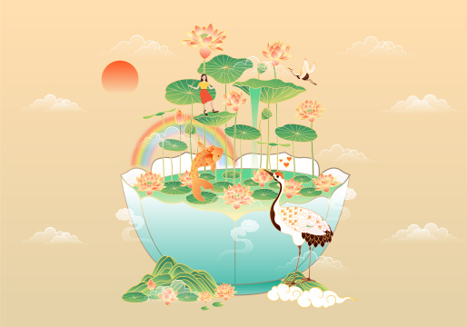 荷花夏天清新国风矢量插画