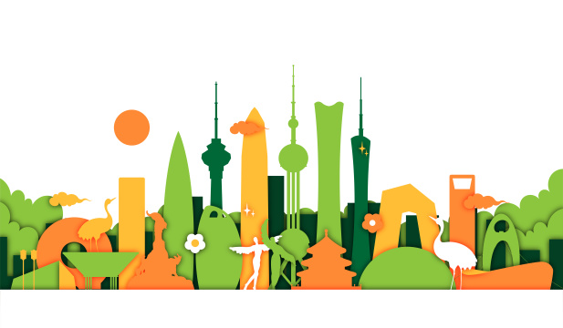 剪纸风上海北京深圳广州地标建筑矢量插画