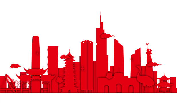 剪纸风南京地标建筑矢量插画