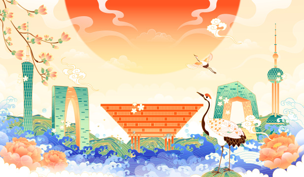 中国各地城市地标建筑组合矢量插画