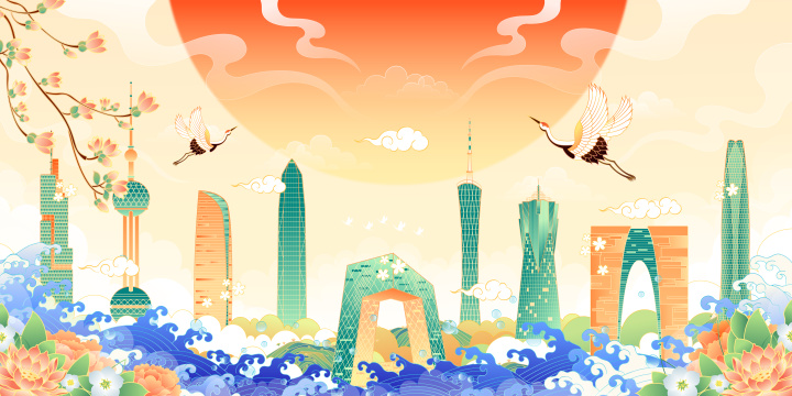 中国各地城市地标建筑组合矢量插画