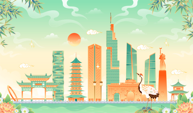 中国风南京地标建筑矢量插画