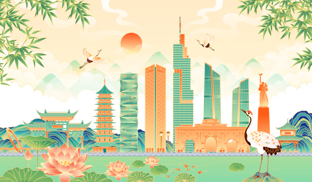 国潮风南京地标建筑矢量插画