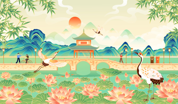 古典风格园林庭院风景矢量插画