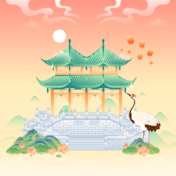 合江亭风景矢量插画