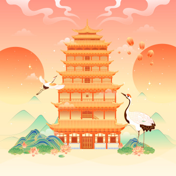 甘肃敦煌莫高窟建筑矢量插画