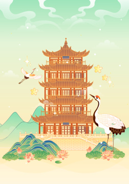 武汉地标建筑黄鹤楼矢量插画