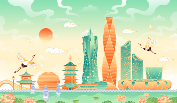 杭州地标建筑矢量插画