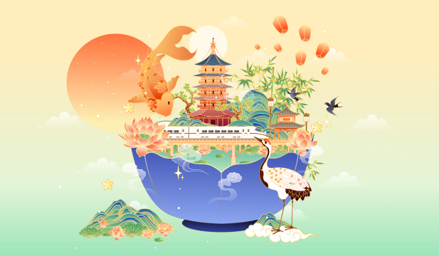 国潮风杭州建筑矢量插画