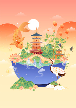 国潮风杭州建筑矢量插画