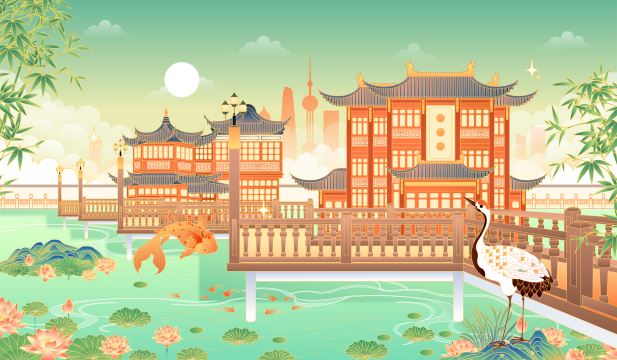 上海豫园城隍庙景区矢量插画