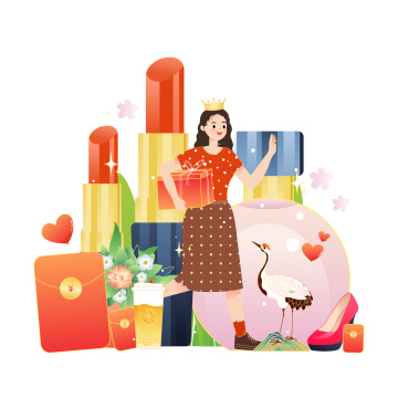 化妆品与女孩矢量插画