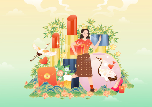 化妆品与女孩矢量插画