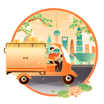 开着快递车送货的快递员矢量插画