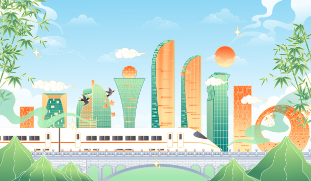 在城市中穿行的高铁矢量插画