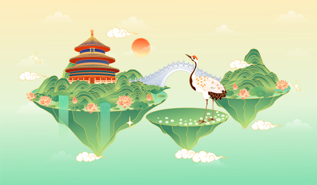 国风天坛建筑山水风景矢量插画