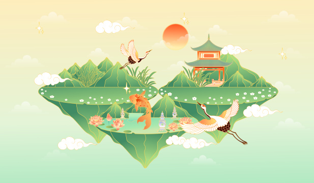 美丽的国风山水矢量插画