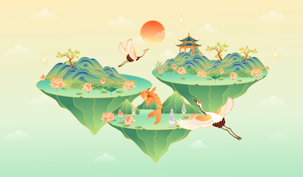 美丽的国风山水矢量插画