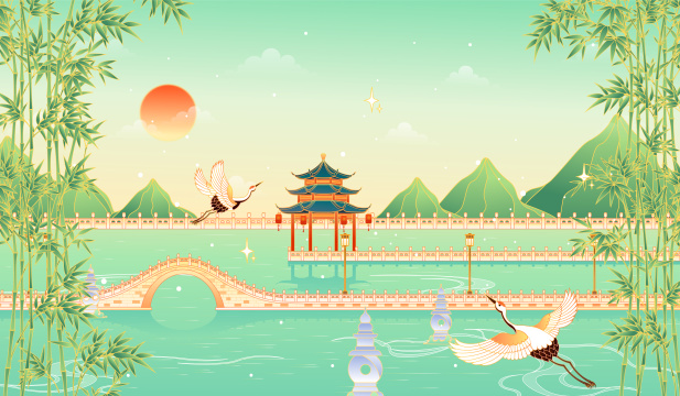 春天季节的江南园林风景插画