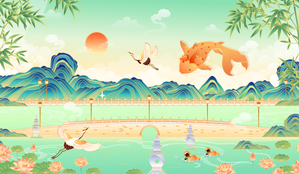 国潮风江南园林风景矢量插画