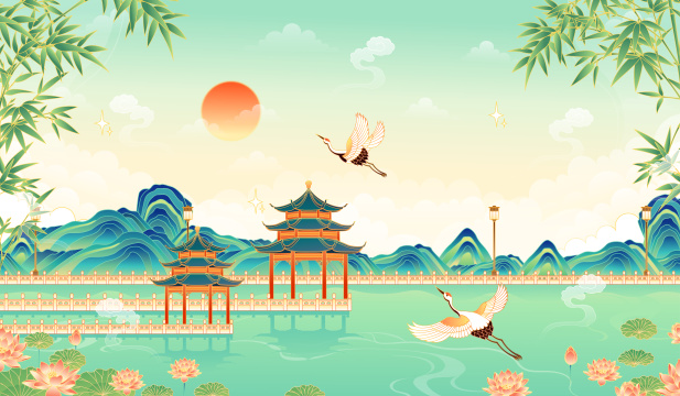 江南园林山水风景矢量插画