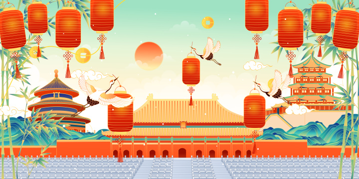 新年北京著名旅游景点矢量插画