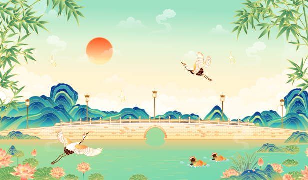 杭州西湖锦带桥风景矢量插画