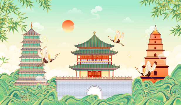陕西西安标志性建筑矢量插画