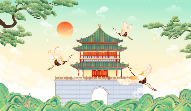 陕西西安钟楼古建筑矢量插画