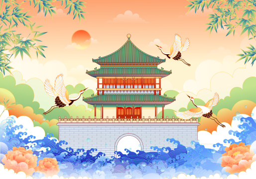 陕西西安钟楼古建筑矢量插画