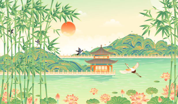 国潮风园林景观矢量插画