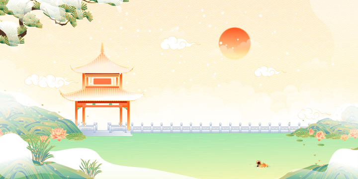 下雪天的园林风景古建筑矢量插画