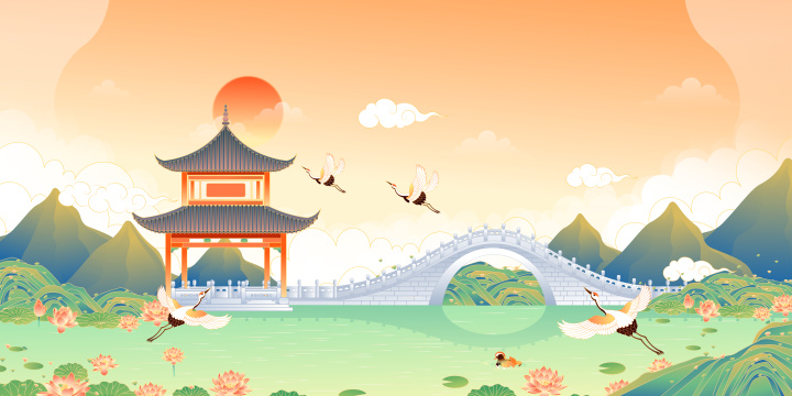 中国风公园古亭矢量插画