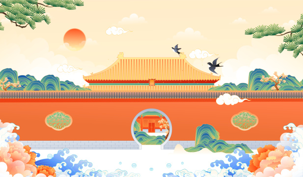 中国风复古红墙庭院古建筑矢量插画