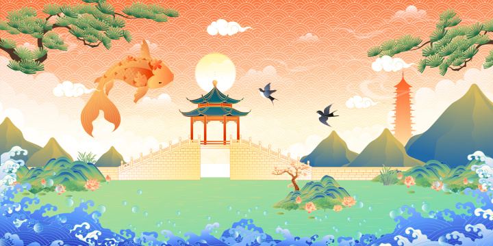 北京颐和园风景矢量插画