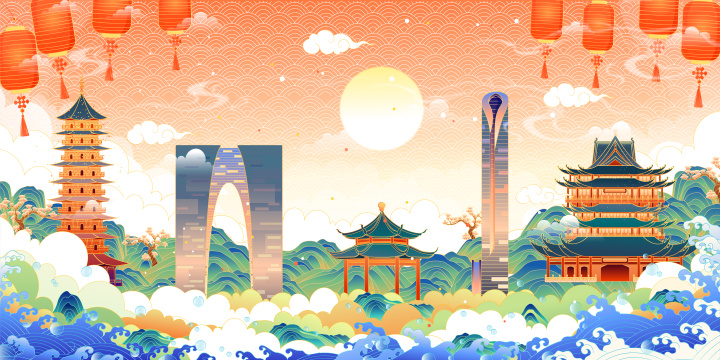 江苏省苏州市城市建筑矢量插画