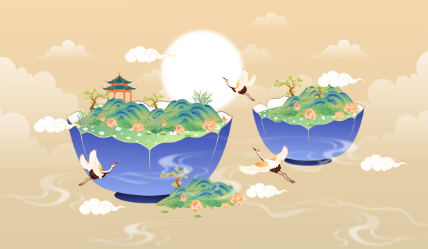 茶碗山水国潮风矢量插画