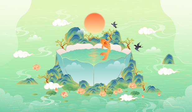 国潮风山水风景矢量插画