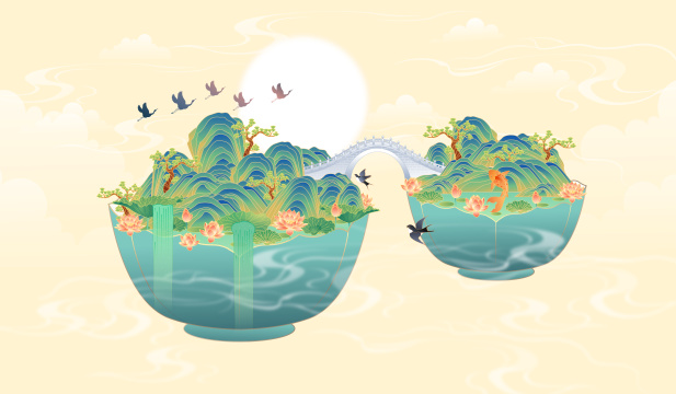 国潮风山水风景矢量插画