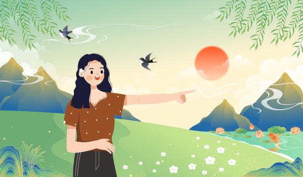 美丽的户外风景旅行的女孩矢量插画