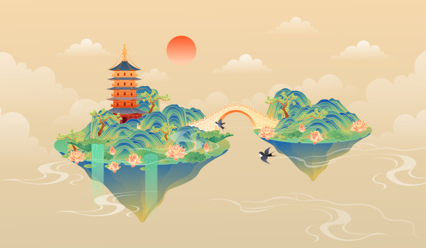 国潮风山水风景矢量插画