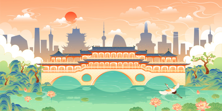 四川成都安顺廊桥矢量插画