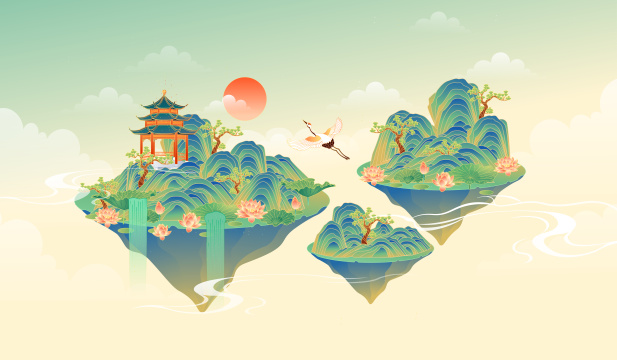 国潮风山水风景矢量插画