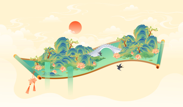 国潮风山水风景矢量插画