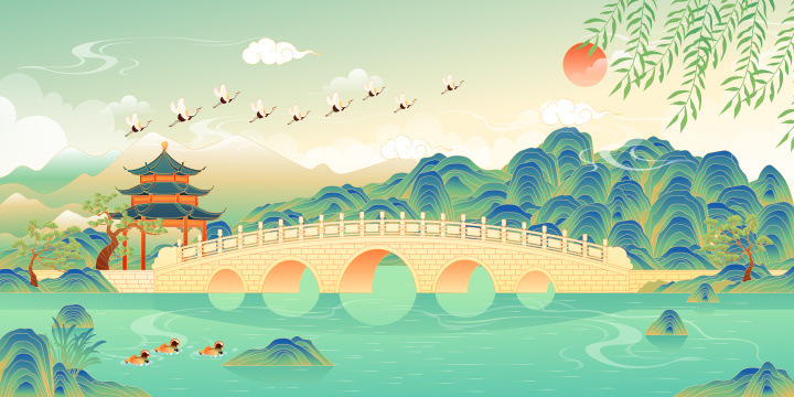 中国云南丽江黑龙潭公园矢量插画